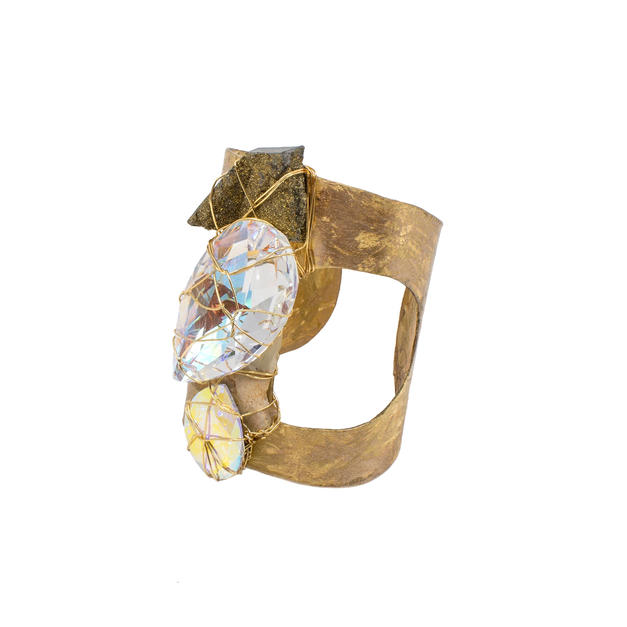 Hammered Brass Cuff  with Aurora Borealis Swarovski, Druzy & Shark's Tooth
