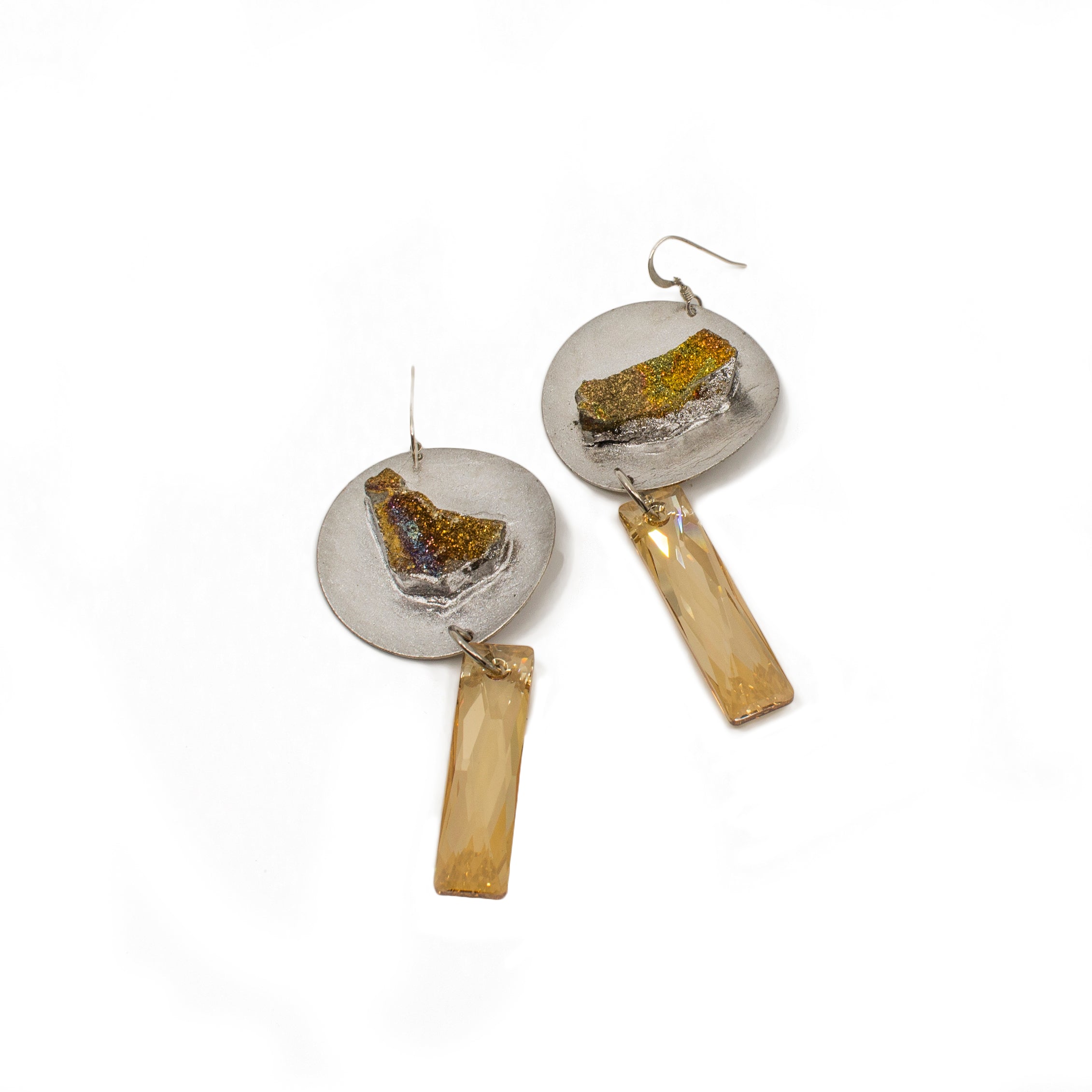 Hammered Silver Earrings with Druzy & Citrine Swarovski Baguettes