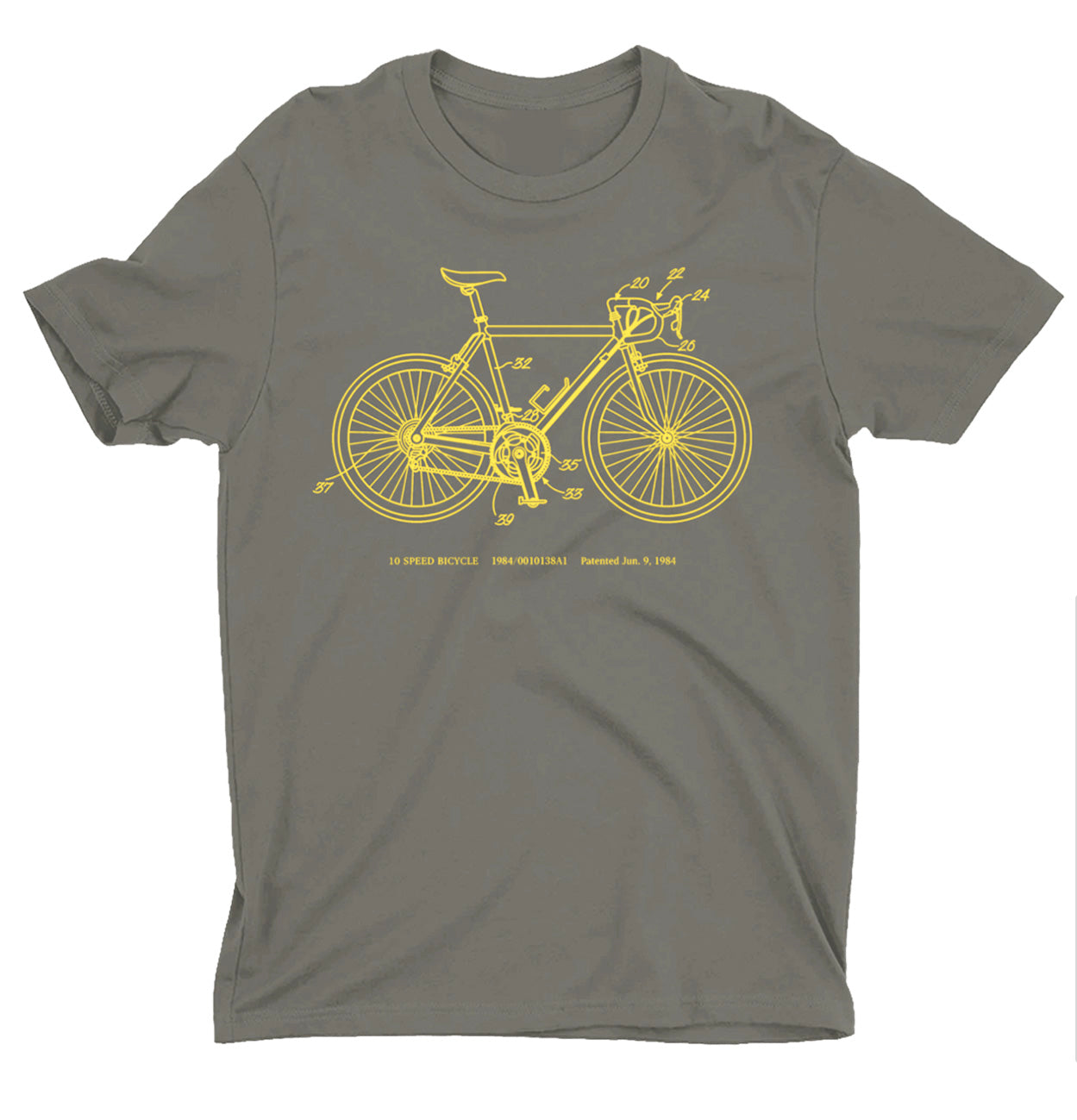 10-Speed Bicycle Patent T-shirt - Charcoal with Yellow Ink