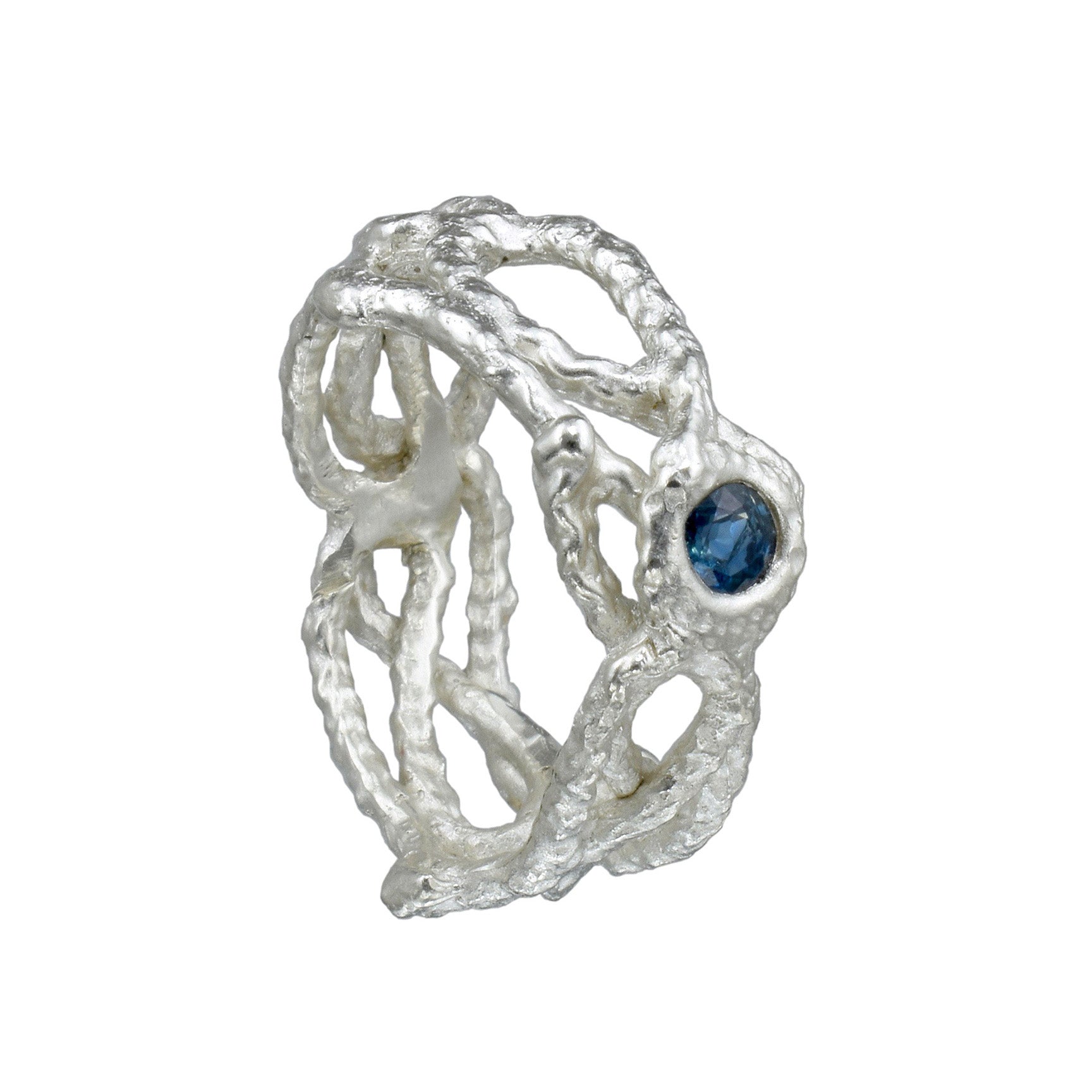 Sterling Silver Fishing Net Ring with a Blue Sapphire - US Size 6.5