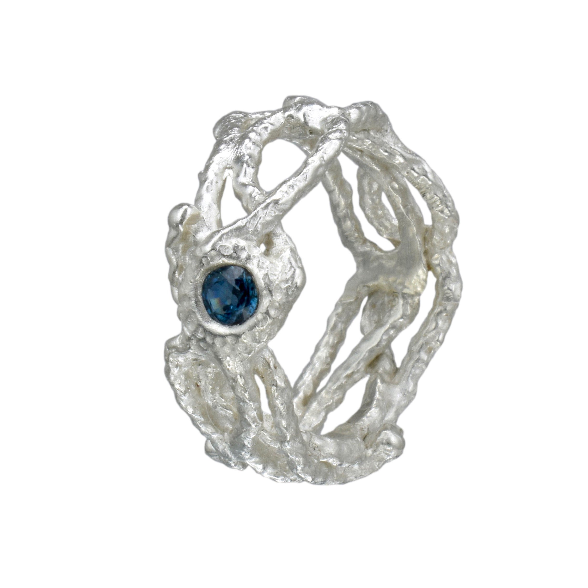 Sterling Silver Fishing Net Ring with a Blue Sapphire - US Size