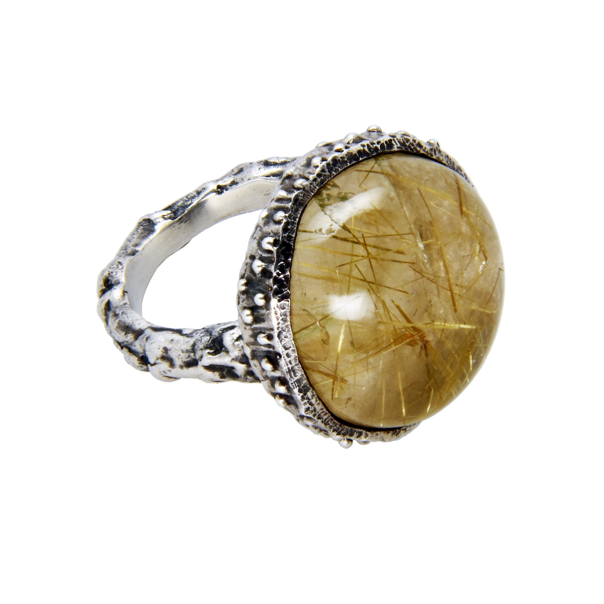 Acorn Ring with Rutilated Quartz - Oxidized Sterling Silver - US Size 6.5