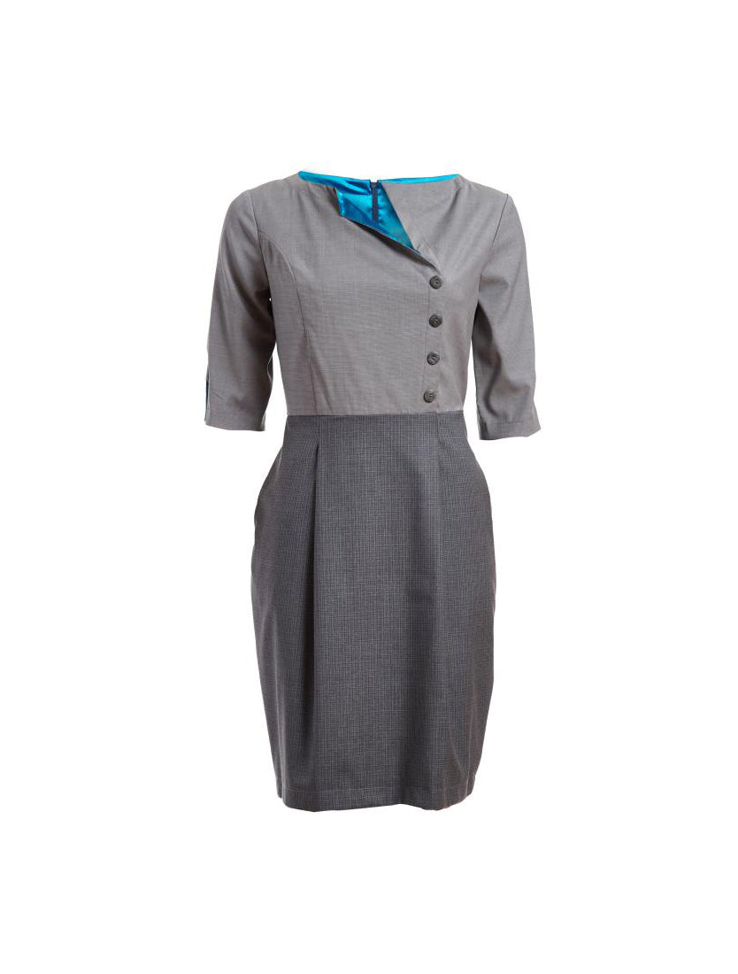 Two-Tone Asymmetrical Dress with Pocket - Light/Dark Grey with Turquoise Lining