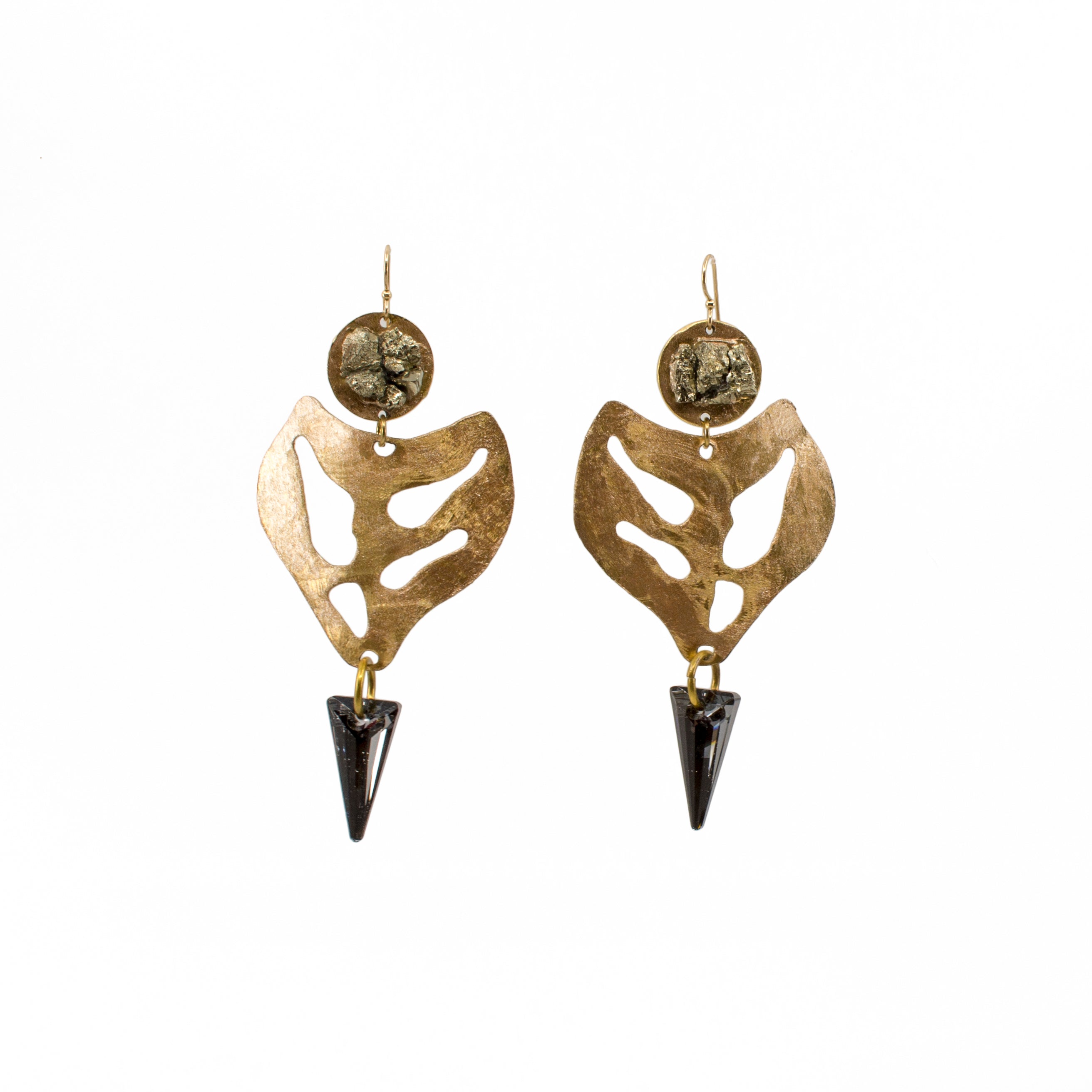 Hammered Brass Pyrite Earrings with Black Swarovski Spikes