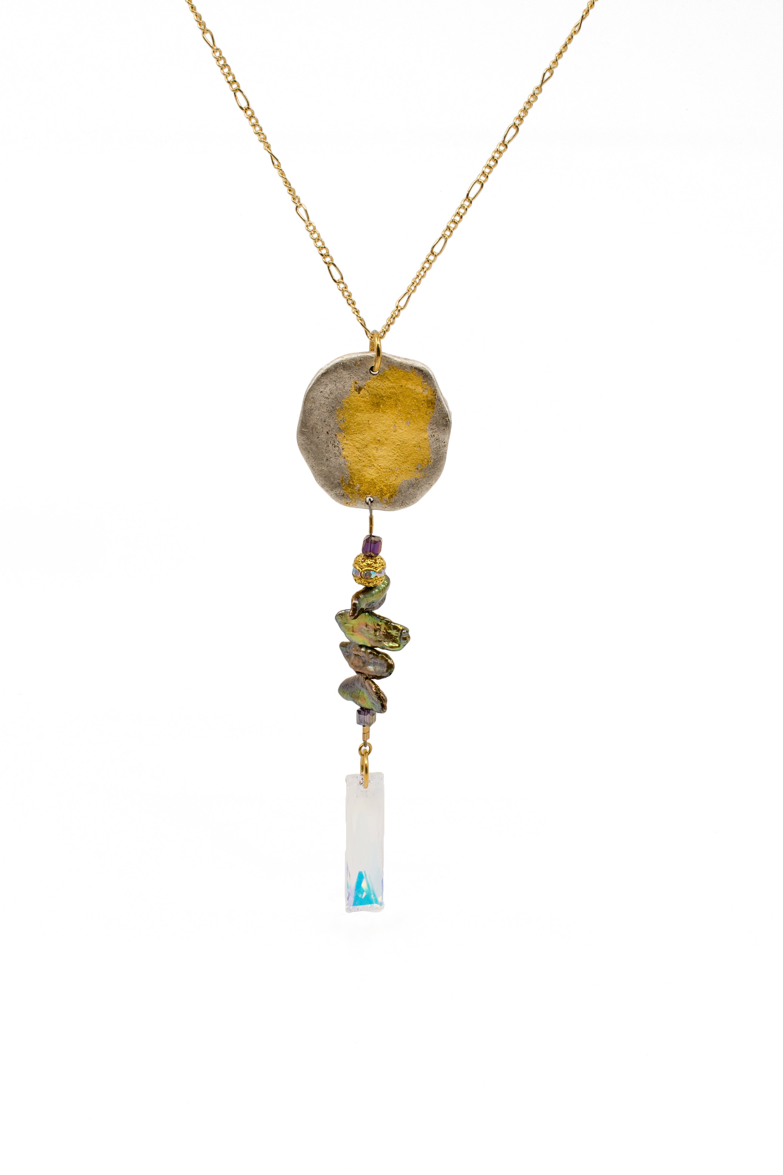 Pewter Pendant with 23K Gold Leaf Shell & Swarovski Baguettes on Gold Plated Chain