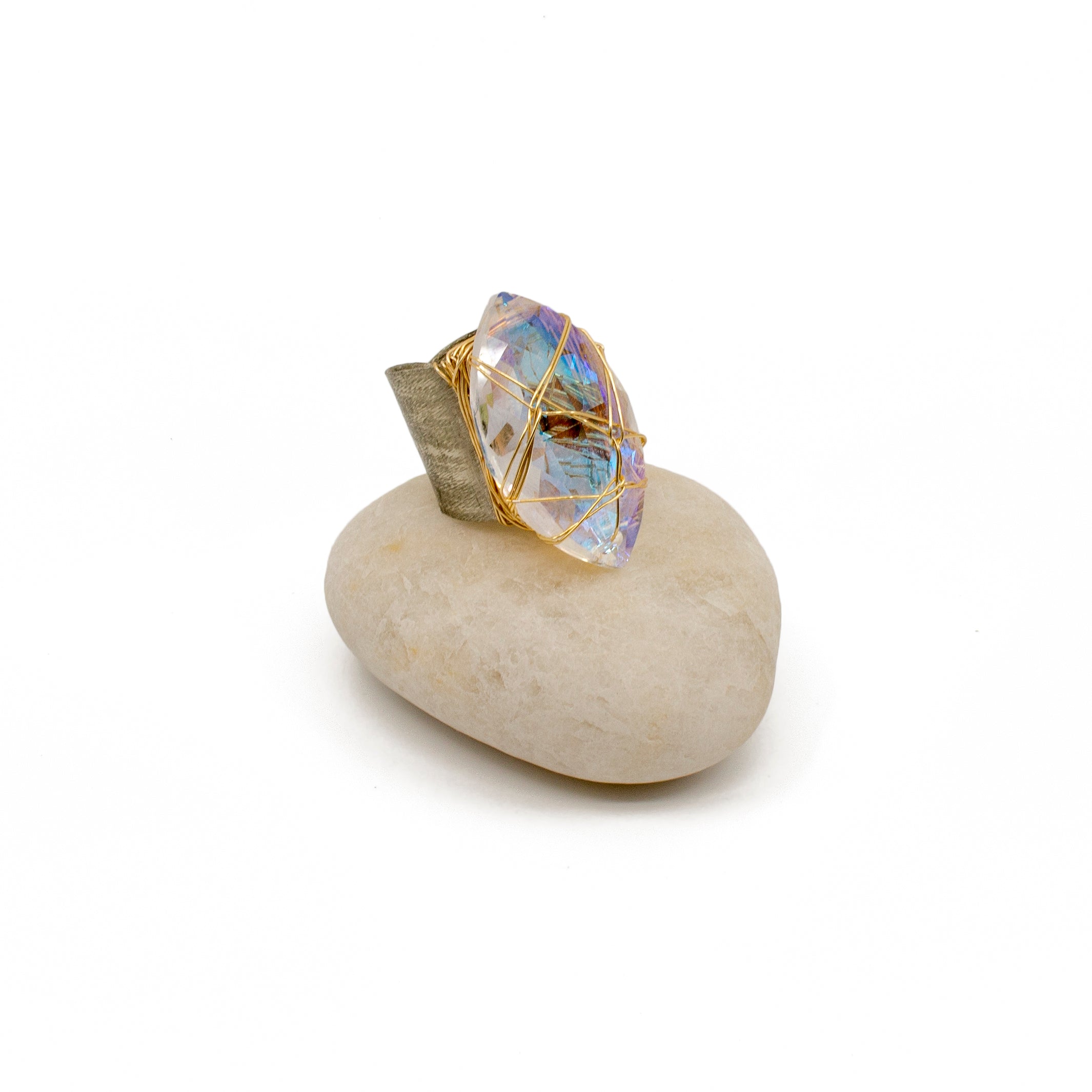 Hammered Silver Two-Toned Ring with Aurora Borealis Swarovski