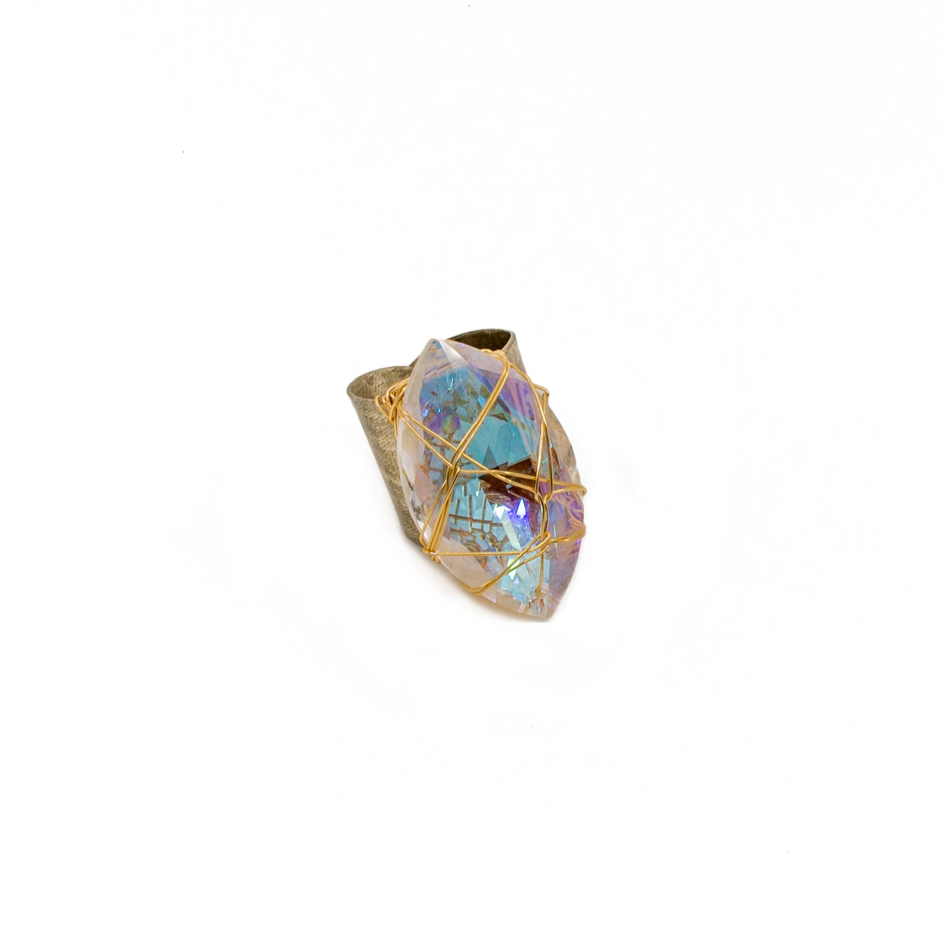 Hammered Silver Two-Toned Ring with Aurora Borealis Swarovski