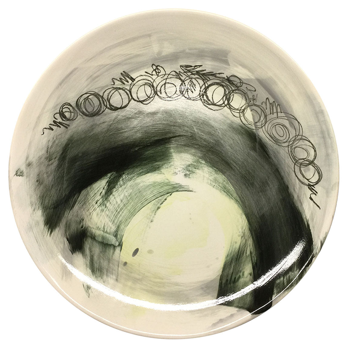 PLATTER #23 - BLACK, GREY, BLUE & CHARTREUSE - HAND-PAINTED EARTHENWARE