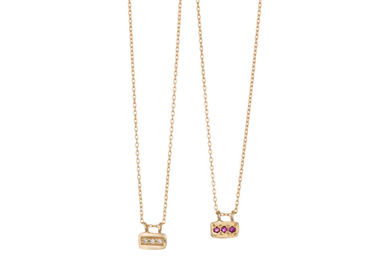 Horizontal Three Necklace - 14K solid gold with Rubies, Sapphires, Emeralds, or White VS1 Diamonds